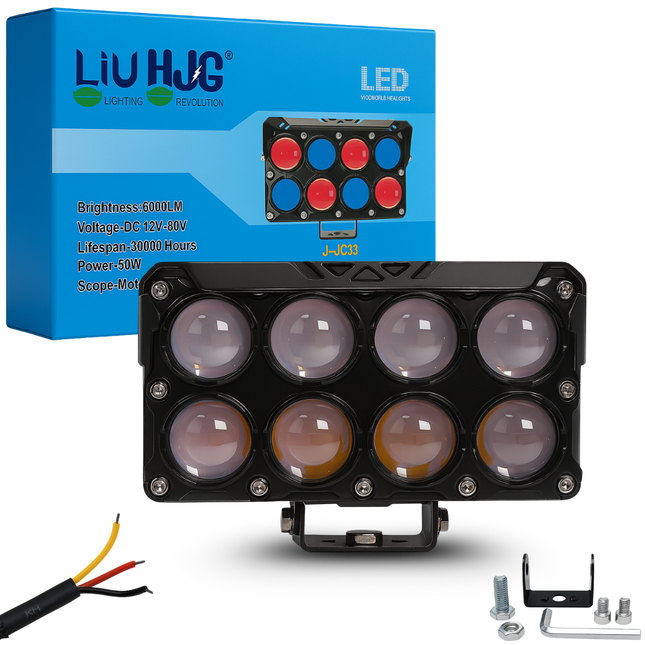 LIU HJG JC33 8 LED Super Bright Fog Light Waterproof & Dustproof 50W 12V DC Power High/Low Beam Yellow White & Red Blue DRL Light Reflection Universal Fit for All Bikes & Cars Models (Pack of 1) - LIU HJG