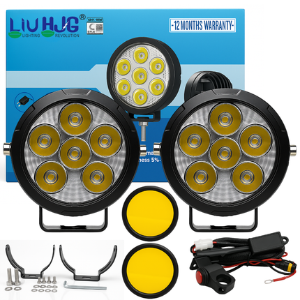 LIU HJG P91 6 LED Round Fog Light With Wiring Kit & Yellow Cap Waterproof & Heat Dissipation 60W 12V DC Power High Bright Yellow & White Light Reflection Universal fit for All Bike & Cars (Pack of 2)