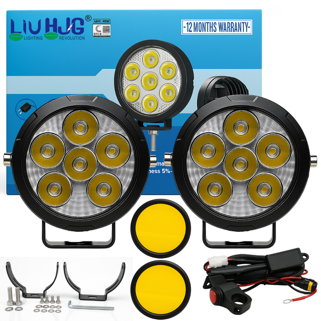 LIU HJG P91 6 LED Round Fog Light With Wiring Kit & Yellow Cap Waterproof & Heat Dissipation 60W 12V DC Power High Bright Yellow & White Light Reflection Universal fit for All Bike & Cars (Pack of 2)