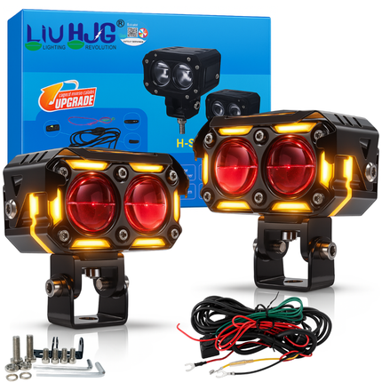 LIU HJG Dual Cut Lens Dual Lens LED Fog Light With Wiring Kit Waterproof & Dustproof 120W 12V DC Power Yellow, White, Red Devil Eye Light, Yellow DRL Universal fit for All Bikes & Cars (Pack of 2) - LIU HJG