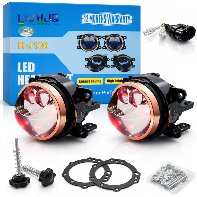 LIU HJG 3 Inch LED Projector Lens Laser Fog Lamp Waterproof & Heat Dissipation 120W 12V DC Power Yellow White & Red Devil Eye Light Reflection Universal Fit For All Bikes & Cars Model (Pack of 2