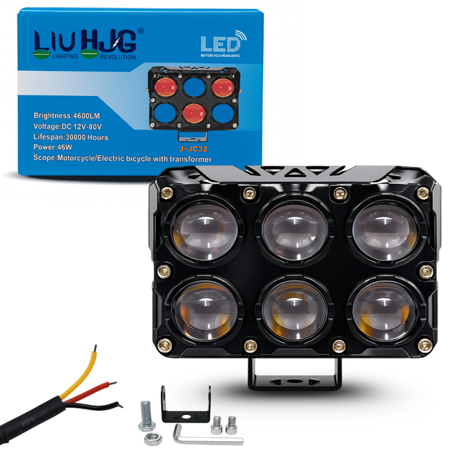 LIU HJG JC32 6 LED High Bright Fog Light Waterproof & Dustproof 46W 12V DC Power High/Low Beam Yellow White & Red Blue DRL Light Reflection Universal Fit for All Bikes & Cars Models (Pack of 1) - LIU HJG