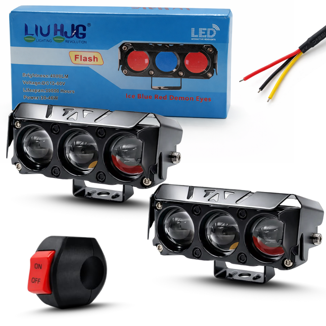 LIU HJG 3 LED Fog Light 80W Yellow/White with Red Devil Eye DRL | Dual Beam | Waterproof | Universal Fit for Bike & Car | Durable Metal Body | 12V–80V Compatible | Pack of 2