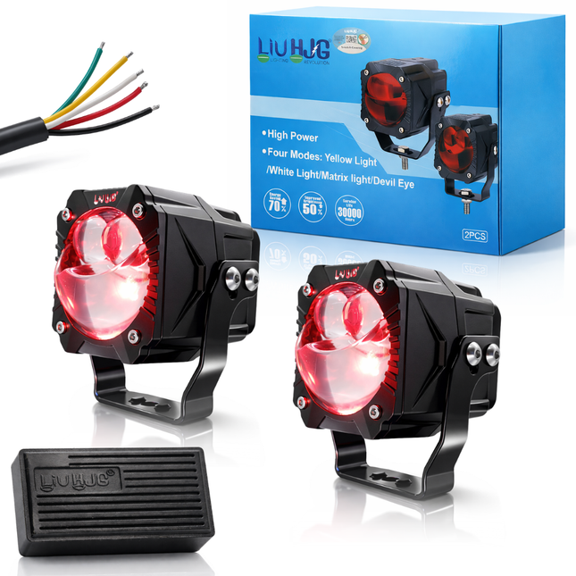 LIU HJG 3 Lens Gorilla Fog Light Waterproof & Dustproof 60W Each (120W Total) 12V-80V DC Power Yellow, White, Warm White, Red Devil Eye Light Reflection Universal fit All Bike & Car Model (Pack 2) - LIU HJG