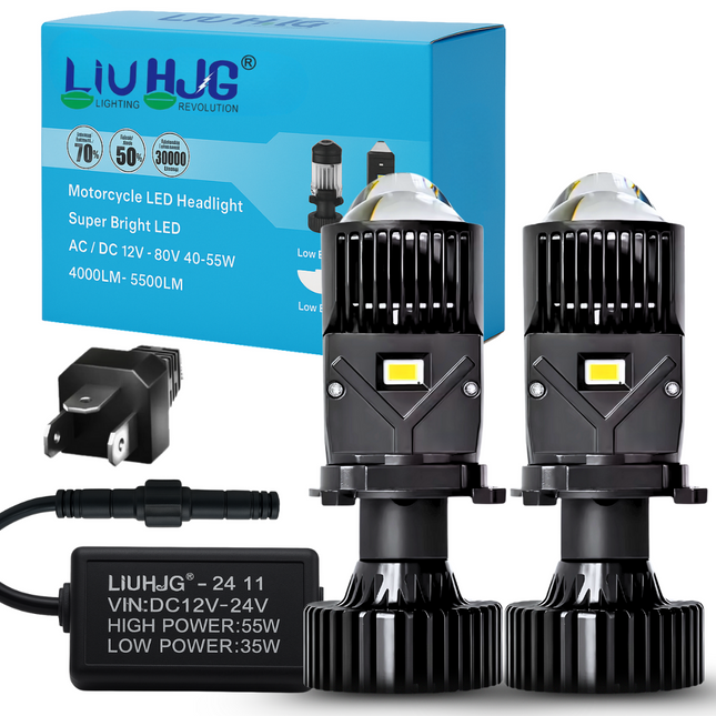 LIU HJG 120W White LED Headlight Bulb with Double Lens | H4 Fitting for Car, Bike, Truck & Van
