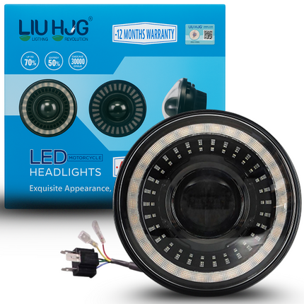 7 Inch 100W Round White LED Headlight with Yellow/White DRL (12V–80V AC/DC) for Royal Enfield Bikes & Mahindra Thar - LIU HJG