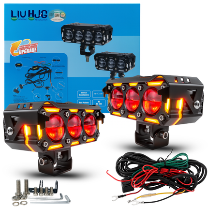 LIU HJG Dual Cut Lens 3 Lens LED Fog Light With Wiring Kit Waterproof & Dustproof 240W 12V DC Power Yellow, White, Red Devil Eye Light, Yellow DRL Universal fit for All Bikes & Cars (Pack of 2) - LIU HJG