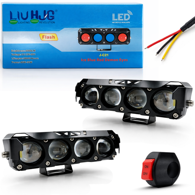 LIU HJG 100W Yellow/White 4 LED Fog Light with Red Devil Eye DRL | Dual Beam | Universal Fit for Bike & Car | Waterproof | 12V–80V | Stylish Design | Pack of 2 - LIU HJG