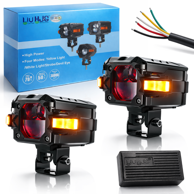 LIU HJG 3 Lens Fog Light with Indicator Waterproof 60W Each (120W Total) 12V-80V DC Power Yellow, White, Warm White, Red Devil Eye & Amber Indicator Light Universal fit All Bike & Car Model (Pack 2) - LIU HJG