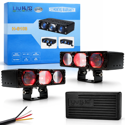 LIU HJG 3 Lens Ultra Bright LED Fog Light Waterproof 7 Dustproof 100W Each (200W Total) 12V-80V DC Power Yellow, White & Red Devil Eye Light Universal fit for All Bikes & Cars Model (Pack of 2) - LIU HJG