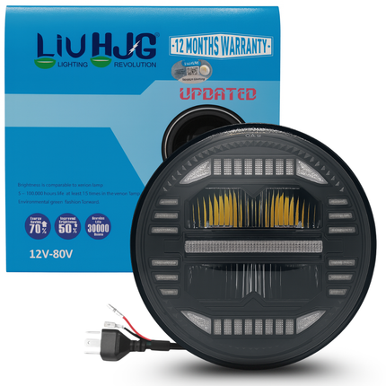 LIU HJG LED Headlight 7 Inch DRL High Brightness Waterproof & Heat Dissipation 67W 12V DC Power High/Low Beam Yellow/White DRL Light Universal fit for Thar, Jeep, Classic 350 & Others (Pack of 1) - LIU HJG