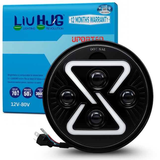 LIU HJG High Bright 7 Inch Full Ring X DRL Headlight Waterproof & Heat Dissipation High/Low Beam Reflection & Blue DRL Light 60W 12-80V DC Universal Fit For Thar, Jeep, Classic 350 (Pack of 1)