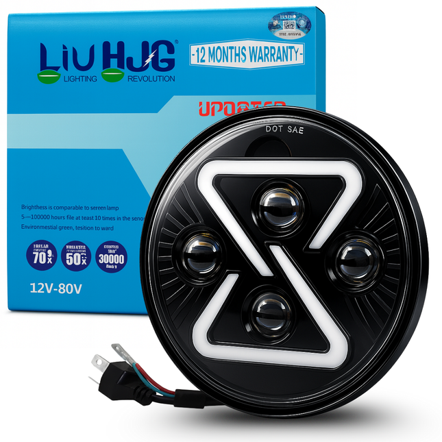 LIU HJG 7 Inch Full Ring X DRL Headlight High Bright Waterproof & Heat Dissipation 60W 12-80V DC High/Low Beam Reflection & RED DRL Light Universal Fit For Thar, Jeep, Classic 350 (Pack of 1)