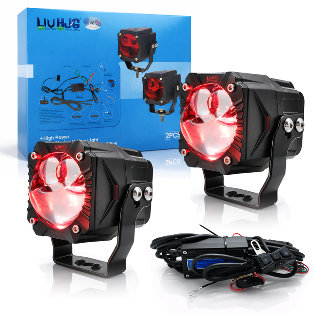 LIU HJG Wiring Harness 3 Lens Goriila Fog Light High Brightness Waterproof & Dustproof 120W 12V DC Power Yellow, White, & Red Devil Eye Light Reflection Universal fit for All Bikes And Car Models (Pack of 2) - LIU HJG