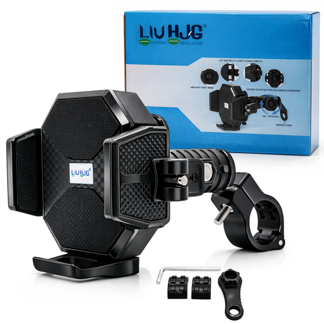 LIU HJG Motorcycle Mobile Holder Heavy Duty Adjustable Mobile Holder with Handlebar Fitting Universal Fitment 360 Rotational Shockproof & Secure Grip for Smartphones (Pack 1)