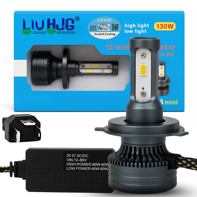 LIU HJG 130W White LED High-Low Beam H4 Headlight Bulb Waterproof & Dustproof LED Headlight Bulb 12V DC H4 Universal fit for All Bikes & Cars Models (Pack of 1 Piece)