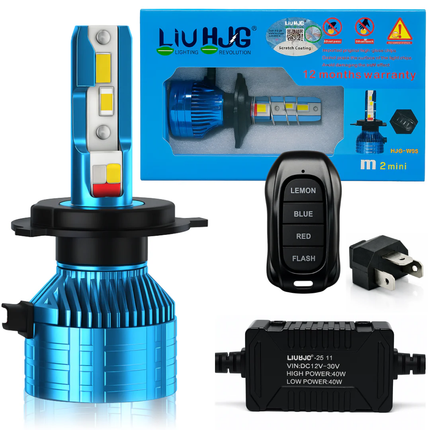 LIU HJG M2 Mini LED High Bright Remote Control Headlight Bulb Waterproof & Heat Dissipation 80W 12V DC Power White & Red/Blue/Yellow Flashing Bulb Universal fit for All Bikes & Cars (Pack of 1)