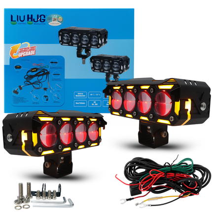 LIU HJG Dual Cut Lens 4 Lens LED Fog Light With Wiring Kit Waterproof & Dustproof 300W 12V DC Power Yellow, White, Red Devil Eye Light, Yellow DRL Universal fit for All Bikes & Cars (Pack of 2) - LIU HJG