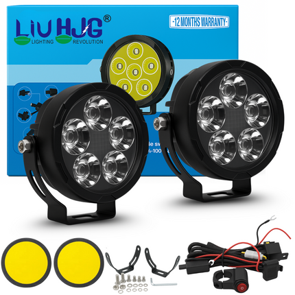 LIU HJG 50W Round 5 LED Fog Lights with Yellow Cap and Wiring Kit Universal for Car & Bike (Pack of 2) - LIU HJG