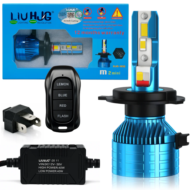 LIU HJG M2 Mini LED Remote Control Headlight Bulb High Bright Waterproof & Heat Dissipation 80W 12V DC Power Yellow White & Red/Blue/Yellow Flashing Bulb Universal fit for All Bikes & Cars (Pack 1) - LIU HJG