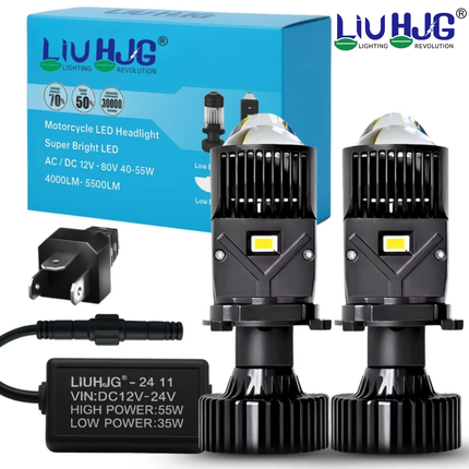 LIU HJG 120W White LED Headlight Bulb with Double Lens | H4 Fitting for Car, Bike, Truck & Van