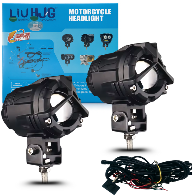 LIU HJG Mercedes Y-Lens Ultra-Wide LED Fog Lights (White/Yellow) | Pair with Wiring Harness & Switch for Car & Bike