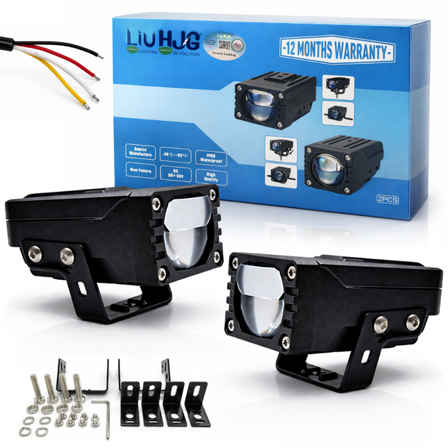 LIU HJG LED Dual Cut Lens Fog Light Waterproof & Heat Dissipation 2 Types of Clamp Fitting 120W 12V DC Power White & Red Devil Eye Light Universal fit All Bikes & Cars (Pack of 2) - LIU HJG