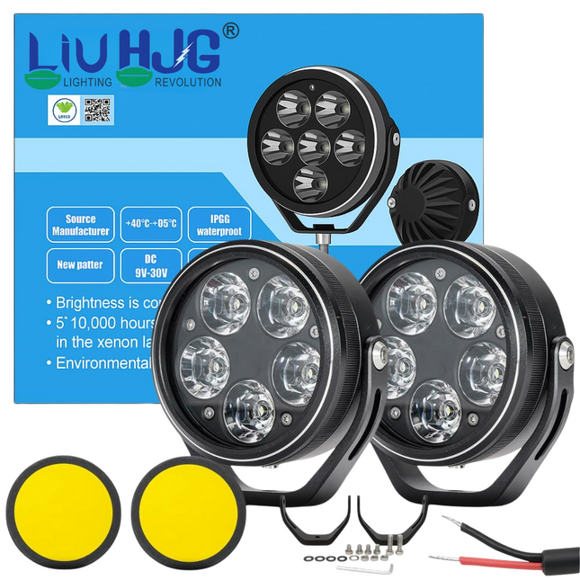 LIU HJG 90W 5-LED Round White Fog Light with Yellow Cap | High Power LED for Cars, Bikes, Trucks & Motorcycles | Universal Fit - LIU HJG