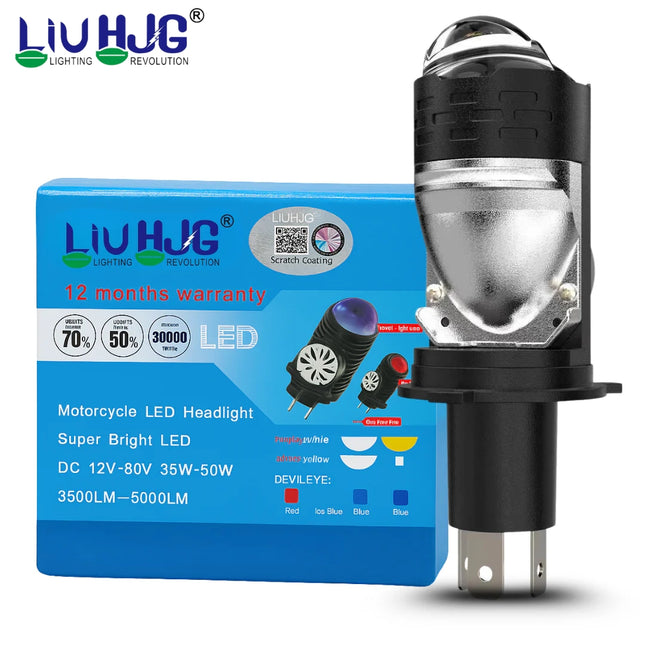 LIU HJG White & Yellow LED H4 Projector Lens Bulb with Red Devil Eye – High-Performance Headlight for Cars, Motorbikes & Trucks (12V, 50W)