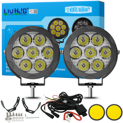 LIU HJG 70W 7-LED Round White Fog Light with Yellow Cap & Wiring Kit | Adjustable Switch | Universal for Car & Bike