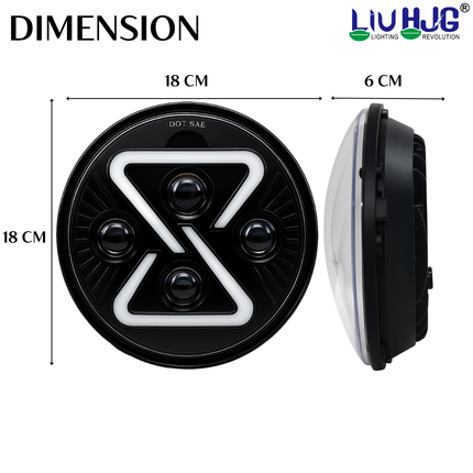 LIU HJG 7 Inch Full Ring X DRL Headlight High Bright Waterproof & Heat Dissipation 60W 12-80V DC High/Low Beam Reflection & RED DRL Light Universal Fit For Thar, Jeep, Classic 350 (Pack of 1) - LIU HJG