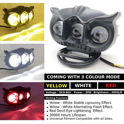 LED Owl Fog Light for Bikes, LIU HJG 3 Color Fog Light, Yellow White Red Fog Light, Red Devil Eye Bike Light, Flashing Pattern LED Fog Lamp, Universal Bike Fog Light 30W, DC 9-80V Fog Light, Motorcycle LED Owl Light, Multi-Mode Bike Fog Lamp, High Brightness LED Fog Light, Stylish Fog Light for Bikes, Devil Eye Fog Light for Motorcycle, Waterproof LED Fog Light for Bike, 3-in-1 Color Mode Fog Light, Universal Fit Fog Light for Bikes.