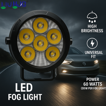 LIU HJG P91 6 LED Round Fog Light With Wiring Kit & Yellow Cap Waterproof & Heat Dissipation 60W 12V DC Power High Bright Yellow & White Light Reflection Universal fit for All Bike & Cars (Pack of 2)
