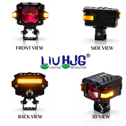 LIU HJG 3 Lens Fog Light with Indicator Waterproof 60W Each (120W Total) 12V-80V DC Power Yellow, White, Warm White, Red Devil Eye & Amber Indicator Light Universal fit All Bike & Car Model (Pack 2) - LIU HJG