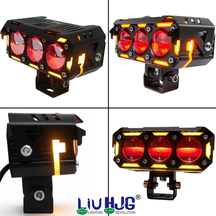 LIU HJG Dual Cut Lens 3 Lens LED Fog Light With Wiring Kit Waterproof & Dustproof 240W 12V DC Power Yellow, White, Red Devil Eye Light, Yellow DRL Universal fit for All Bikes & Cars (Pack of 2) - LIU HJG
