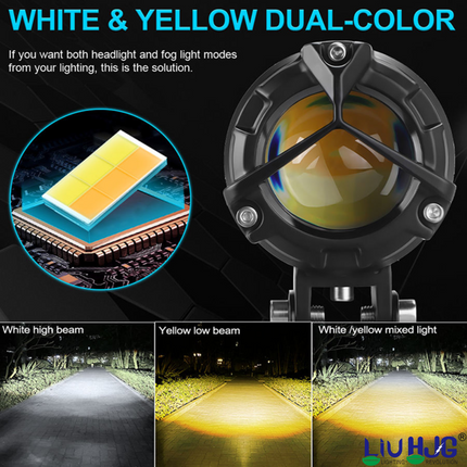 LIU HJG Mercedes Y-Lens Ultra-Wide LED Fog Lights (White/Yellow) | Pair with Wiring Harness & Switch for Car & Bike