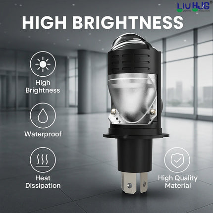 LIU HJG White & Yellow LED H4 Projector Lens Bulb with Red Devil Eye – High-Performance Headlight for Cars, Motorbikes & Trucks (12V, 50W)