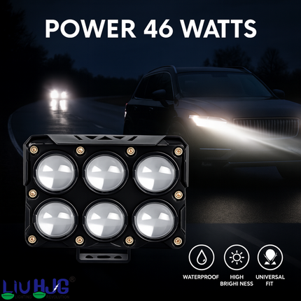 LIU HJG JC32 6 LED High Bright Fog Light Waterproof & Dustproof 46W 12V DC Power High/Low Beam Yellow White & Red Blue DRL Light Reflection Universal Fit for All Bikes & Cars Models (Pack of 1) - LIU HJG