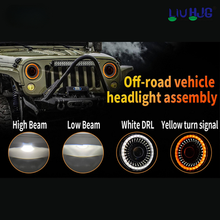 7 Inch 100W Round White LED Headlight with Yellow/White DRL (12V–80V AC/DC) for Royal Enfield Bikes & Mahindra Thar - LIU HJG