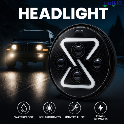 LIU HJG High Bright 7 Inch Full Ring X DRL Headlight Waterproof & Heat Dissipation High/Low Beam Reflection & Blue DRL Light 60W 12-80V DC Universal Fit For Thar, Jeep, Classic 350 (Pack of 1) - LIU HJG