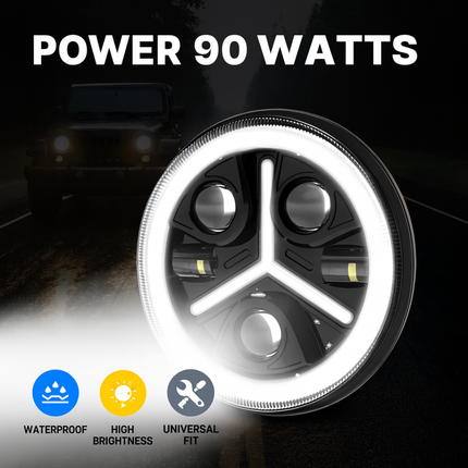 LIU HJG Y Shape 7 Inch LED DRL Full Ring Headlight Waterproof & Dustproof 90W 12V DC Power High Low Beam White Light Yellow & White DRL Light Universal Fit fot Thar, Jeep, Classic 350 (Pack of 1)