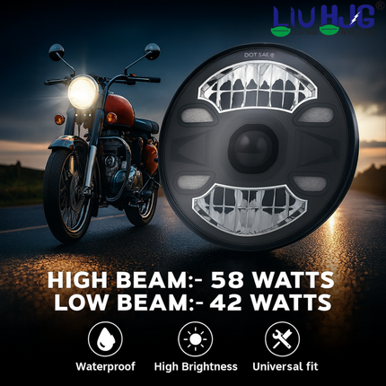 LIU HJG 7 Inch LED DRL Headlight Waterproof & Heat Dissipation 58W 12V DC Power High/Low Beam Yellow White DRL Light Universal fit for Thar, Jeep, Classic 350 & Others (Pack of 1) - LIU HJG
