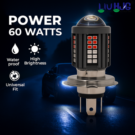 LIU HJG Super Bright 60 LED H4 Headlight Bulb Waterproof & Dustproof High/Low Beam 60W 12V DC Power Yellow/White & Red/Blue Light Reflection Universal Fit for All Bikes & Cars (Pack of 1)