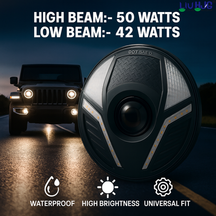 LIU HJG Ultra Bright DRL LED 7 Inch Headlight 50W 12V DC Power Waterproof & Dustproof High/Low Beam Yellow & White DRL Light Universal fit for Jeep, Classic 350 & Thar & Other (Pack of 1) - LIU HJG