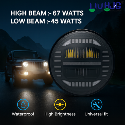 LIU HJG LED Headlight 7 Inch DRL High Brightness Waterproof & Heat Dissipation 67W 12V DC Power High/Low Beam Yellow/White DRL Light Universal fit for Thar, Jeep, Classic 350 & Others (Pack of 1) - LIU HJG