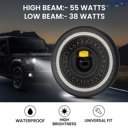 LIU HJG DRL LED 7 Inch Dual Lens Headlight Waterproof & Heat Dissipation High/Low Beam 55W 12V DC Power Yellow & White DRL Light Universal fit for Jeep, Classic 350 & Thar & Other (Pack of 1) - LIU HJG