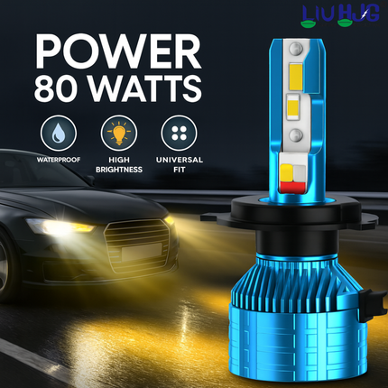 LIU HJG M2 Mini LED Remote Control Headlight Bulb High Bright Waterproof & Heat Dissipation 80W 12V DC Power Yellow White & Red/Blue/Yellow Flashing Bulb Universal fit for All Bikes & Cars (Pack 1)