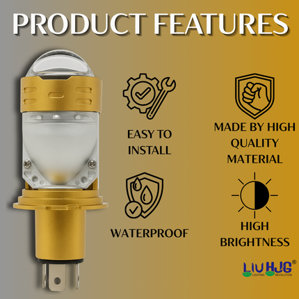 LIU HJG H4 Golden Projector Headlight Bulb Waterproof & Dustproof High Brightness 50W 12V DC Power White Light Reflection Universal fit For All Bikes & Cars Model (Pack of 1) - LIU HJG