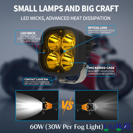 LIU HJG 60W LED Fog Light with Yellow Lens Cap & Wiring Kit | Universal Fit for Bike & Car - LIU HJG