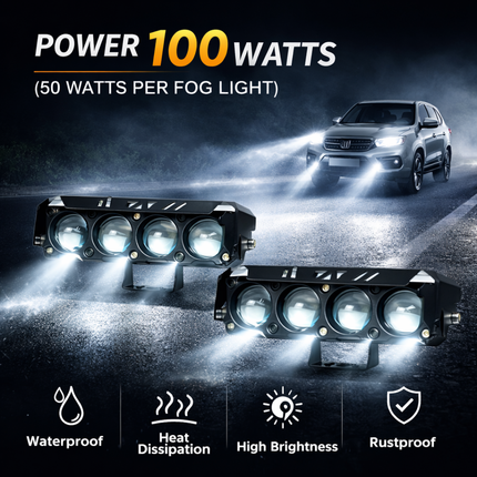 LIU HJG 100W Yellow/White 4 LED Fog Light with Red Devil Eye DRL | Dual Beam | Universal Fit for Bike & Car | Waterproof | 12V–80V | Stylish Design | Pack of 2 - LIU HJG